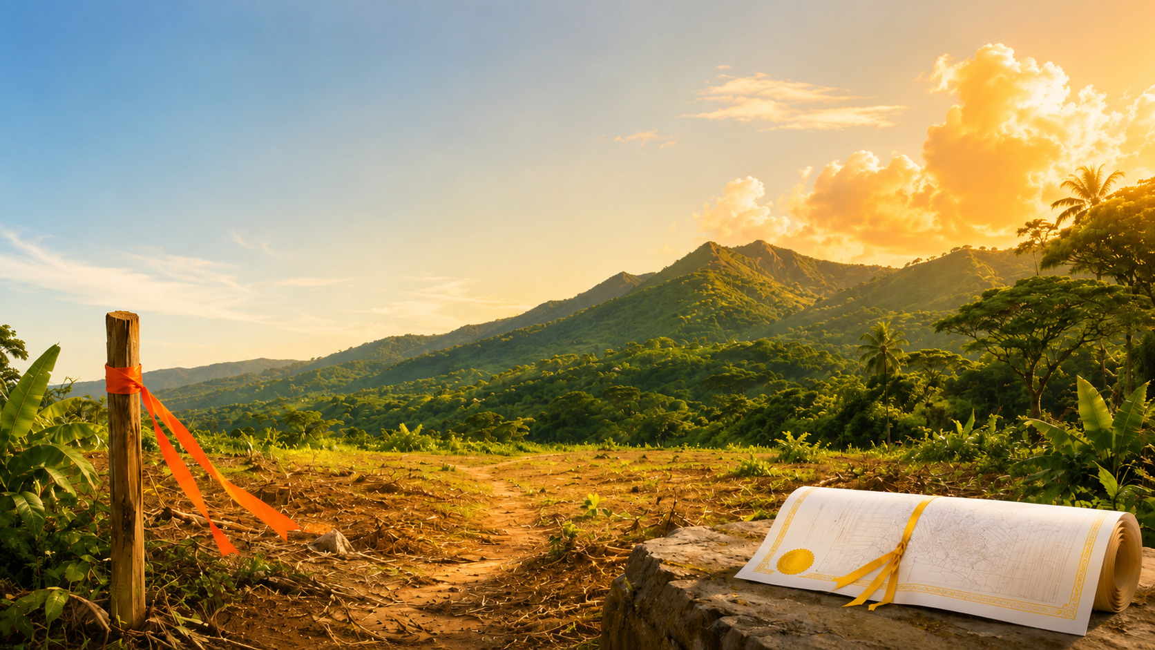 Tropical Trinidad land with survey stake and rolled cadastral map at sunset