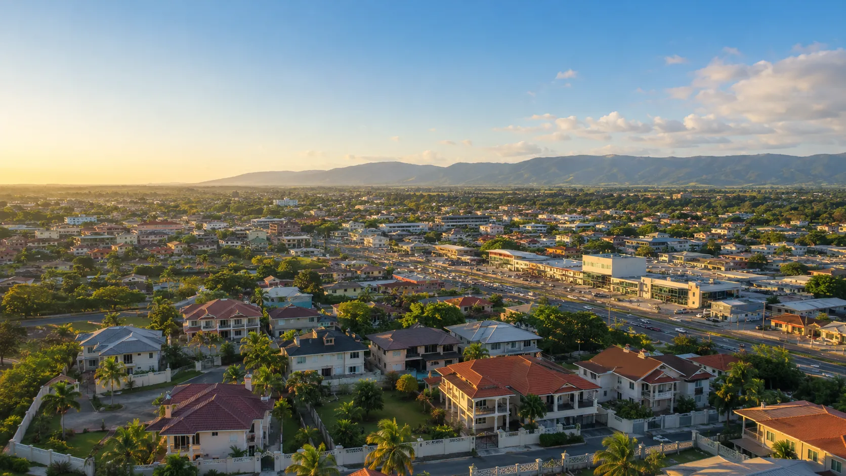 Aerial view of Chaguanas, central Trinidad, with the Main Road retail district and highway interchange