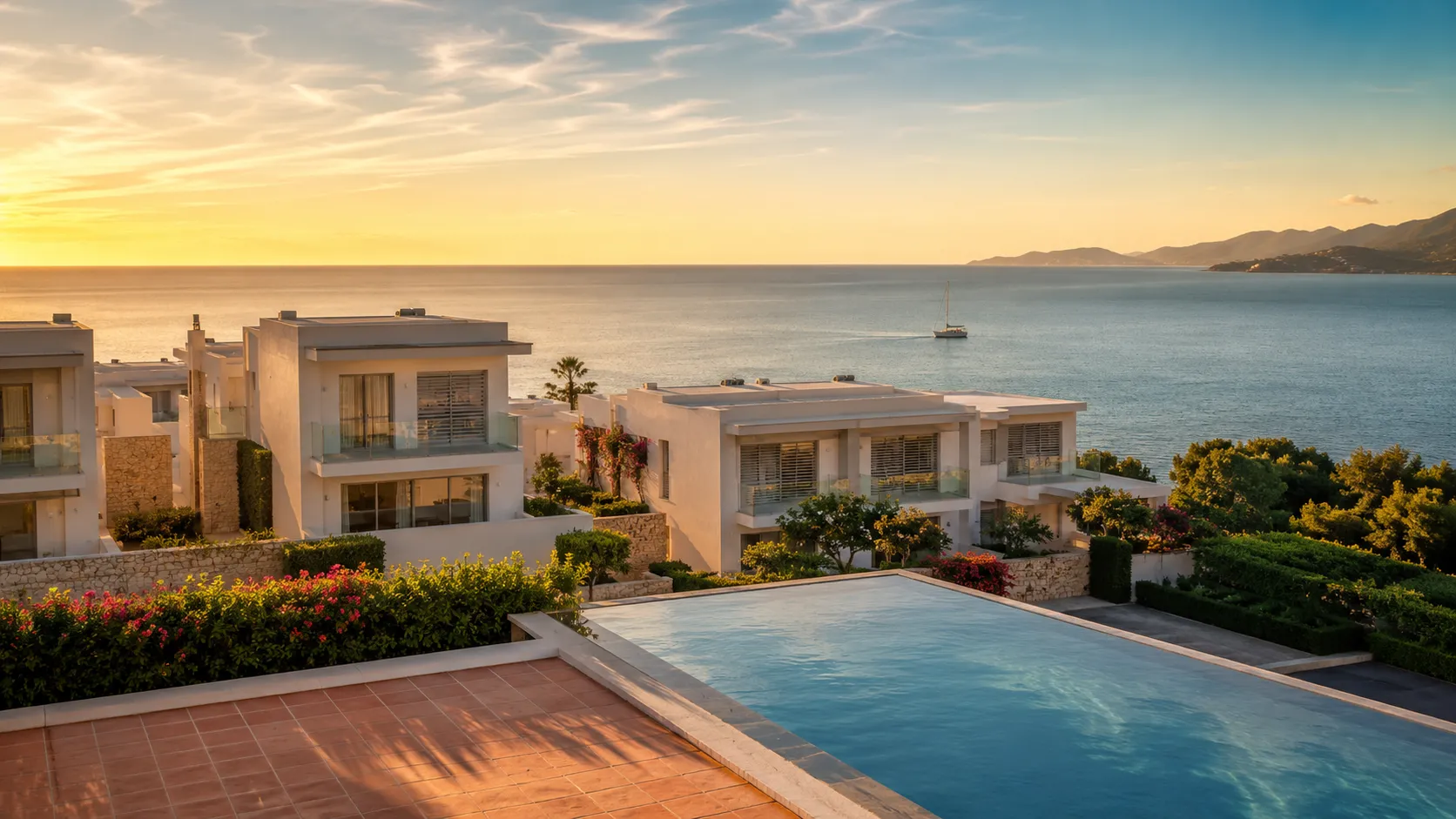 Westmoorings coastal villas at golden hour overlooking the Gulf of Paria, Trinidad