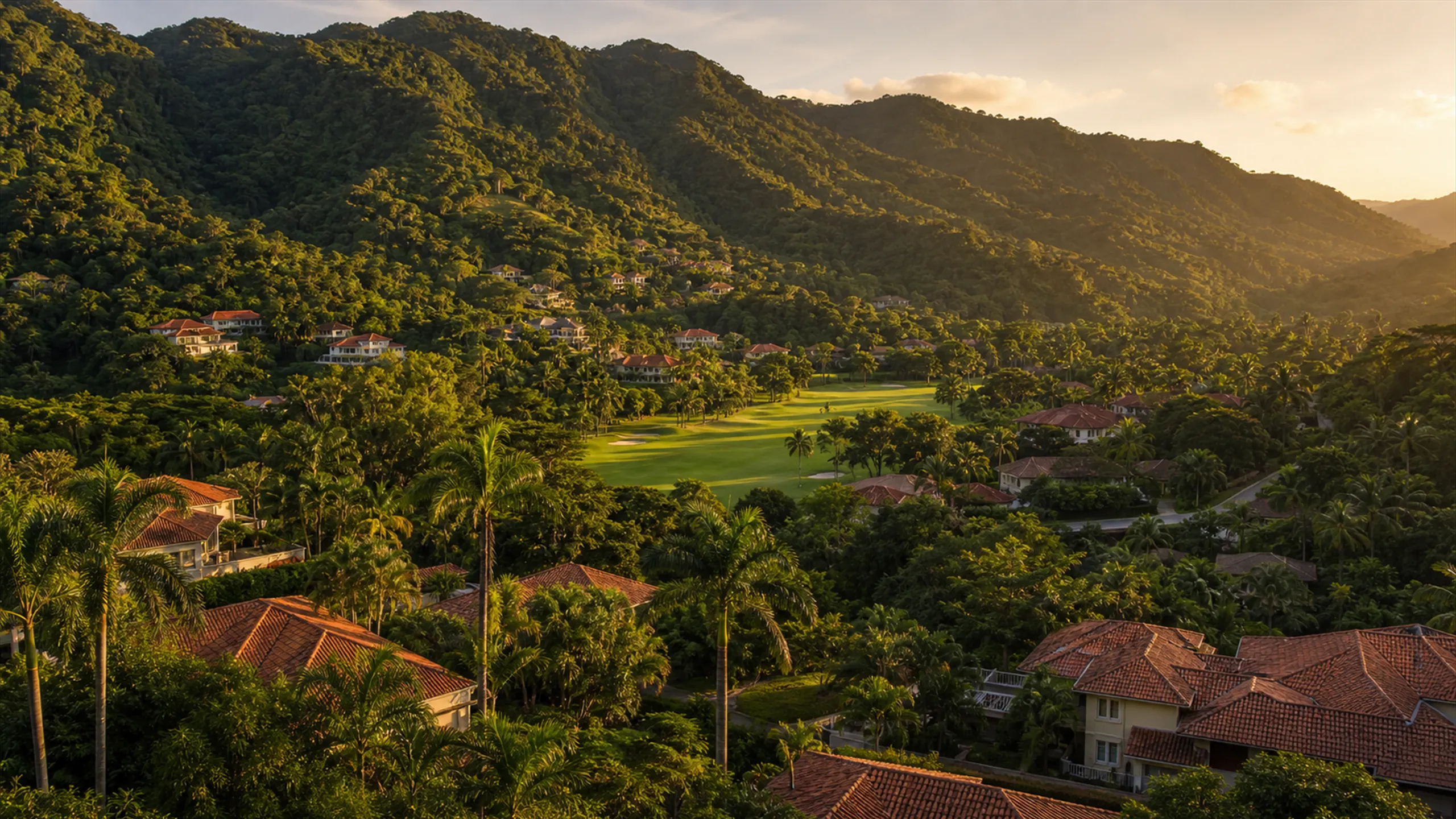 Aerial view of Maraval valley, northwest Trinidad, with the St. Andrews golf course and surrounding hillside homes