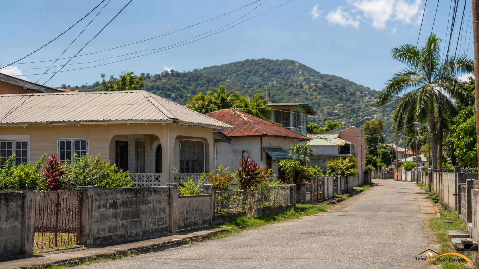 Residential street in San Fernando with hillside backdrop showing the type of housing typical of southern Trinidad repossession inventory