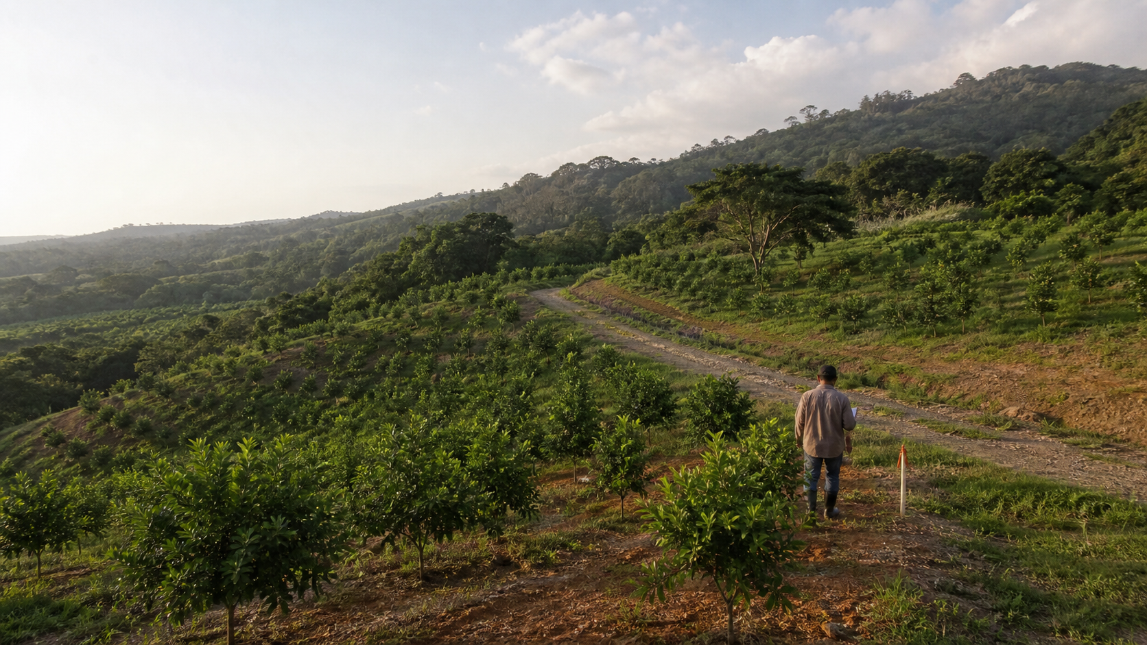 Man walking a dirt access road through cultivated agricultural land in Trinidad at sunrise, citrus rows on both sides