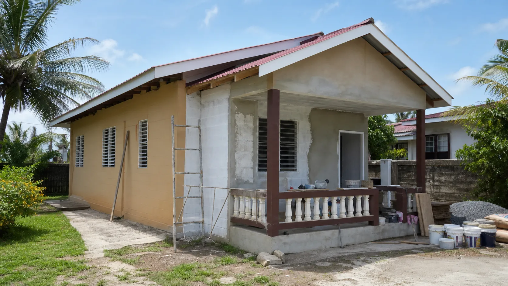 Mid-renovation Trinidad house with jalousie windows and gable roof, showing an active fixer-upper renovation in progress