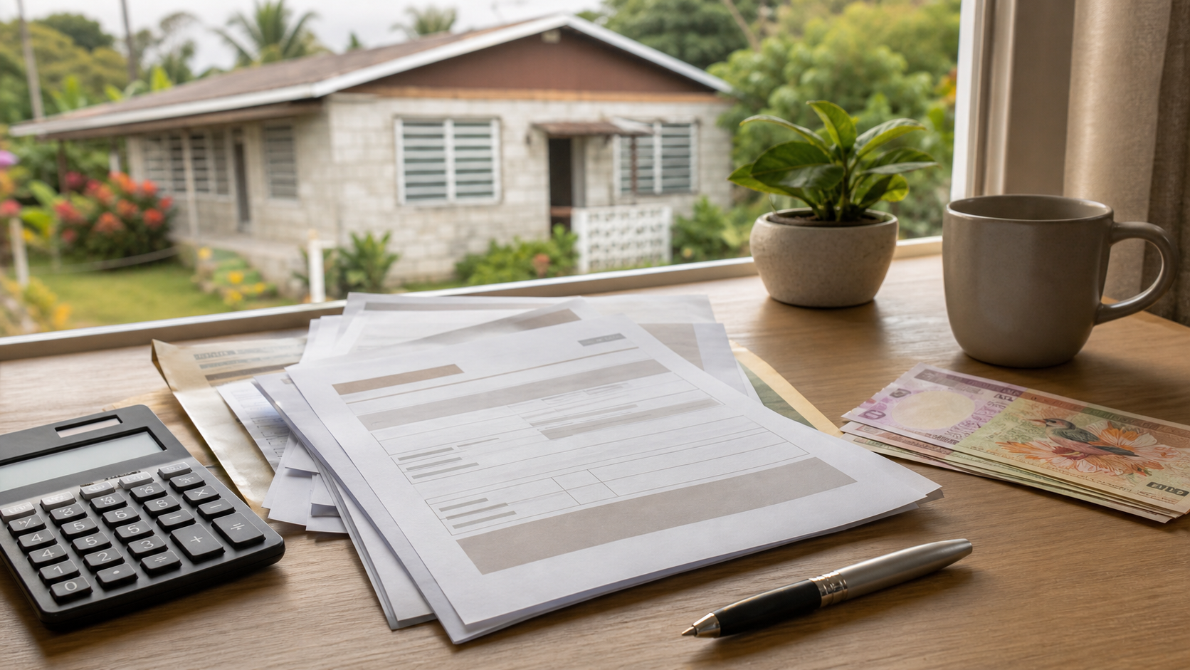 Homeowner desk with property tax documents, calculator and TTD currency, Trinidad house visible through window