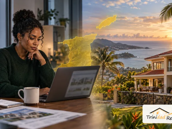 Diaspora professional in Toronto reviewing Trinidad property listings, with a golden Trinidad and Tobago map and a Caribbean home