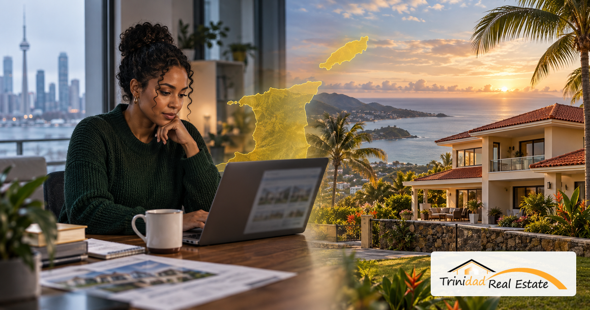 Diaspora professional in Toronto reviewing Trinidad property listings, with a golden Trinidad and Tobago map and a Caribbean home